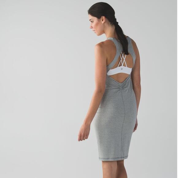 LULULEMON Women's Go For It Hyper Gray White Striped Open Back Scoop Neck Dress - Picture 3 of 9